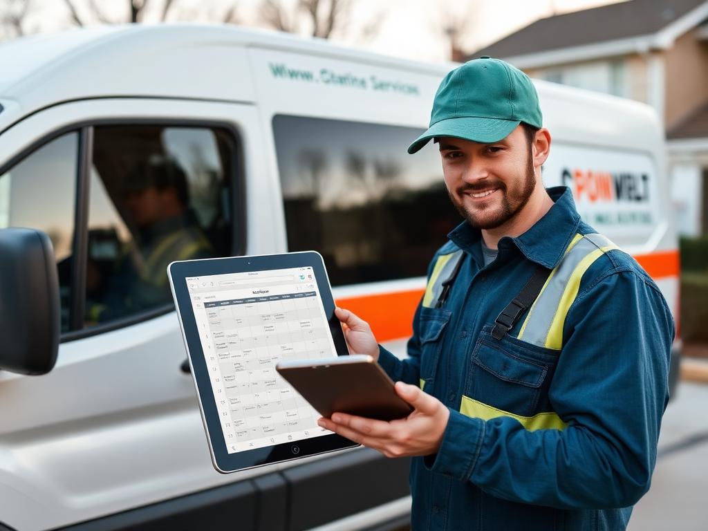 Field service van and dispatcher screen showing booked jobs